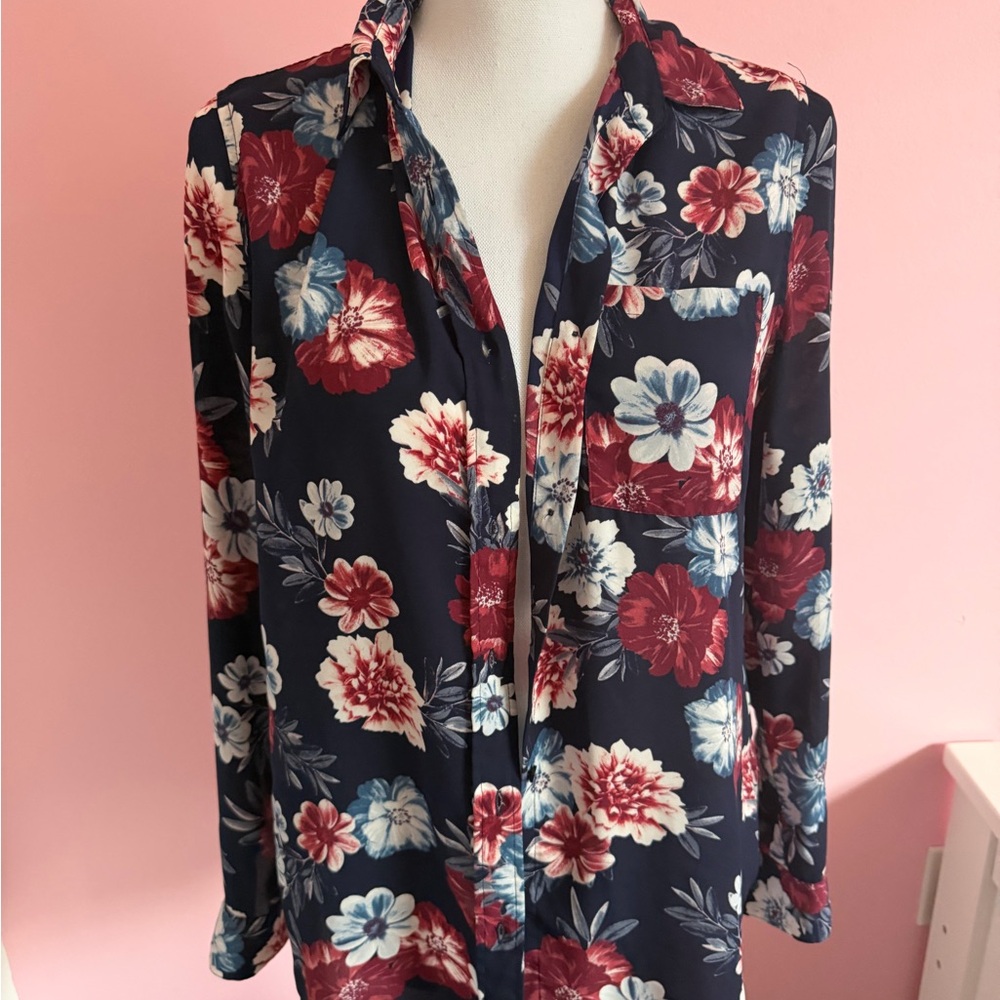 Banana Republic Floral Button Down Shirt - Navy, Red, White